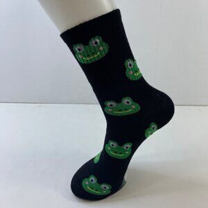 Adult Unisex Frog Print Crew Novelty Black Green Fun Cute Socks
